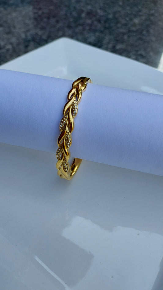 Ornafy Gold Plated Shiny Beaded Curvy Leaf Bracelet