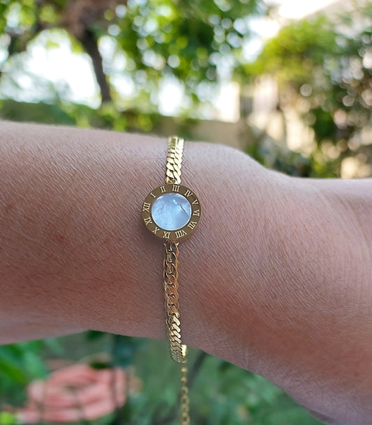 Ornafy Gold Plated Watch Dial Shaped Bracelet With Pearl Stone