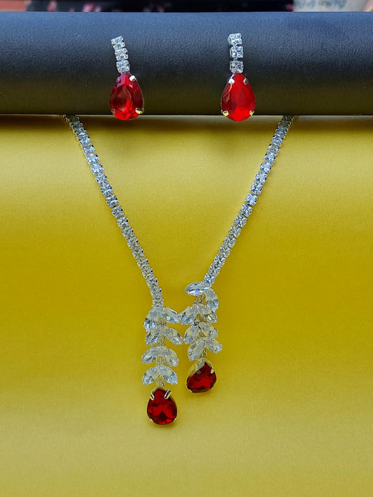 Ornafy Pendant Set Featuring Leaf-Shaped Chain and Striking Red Stone