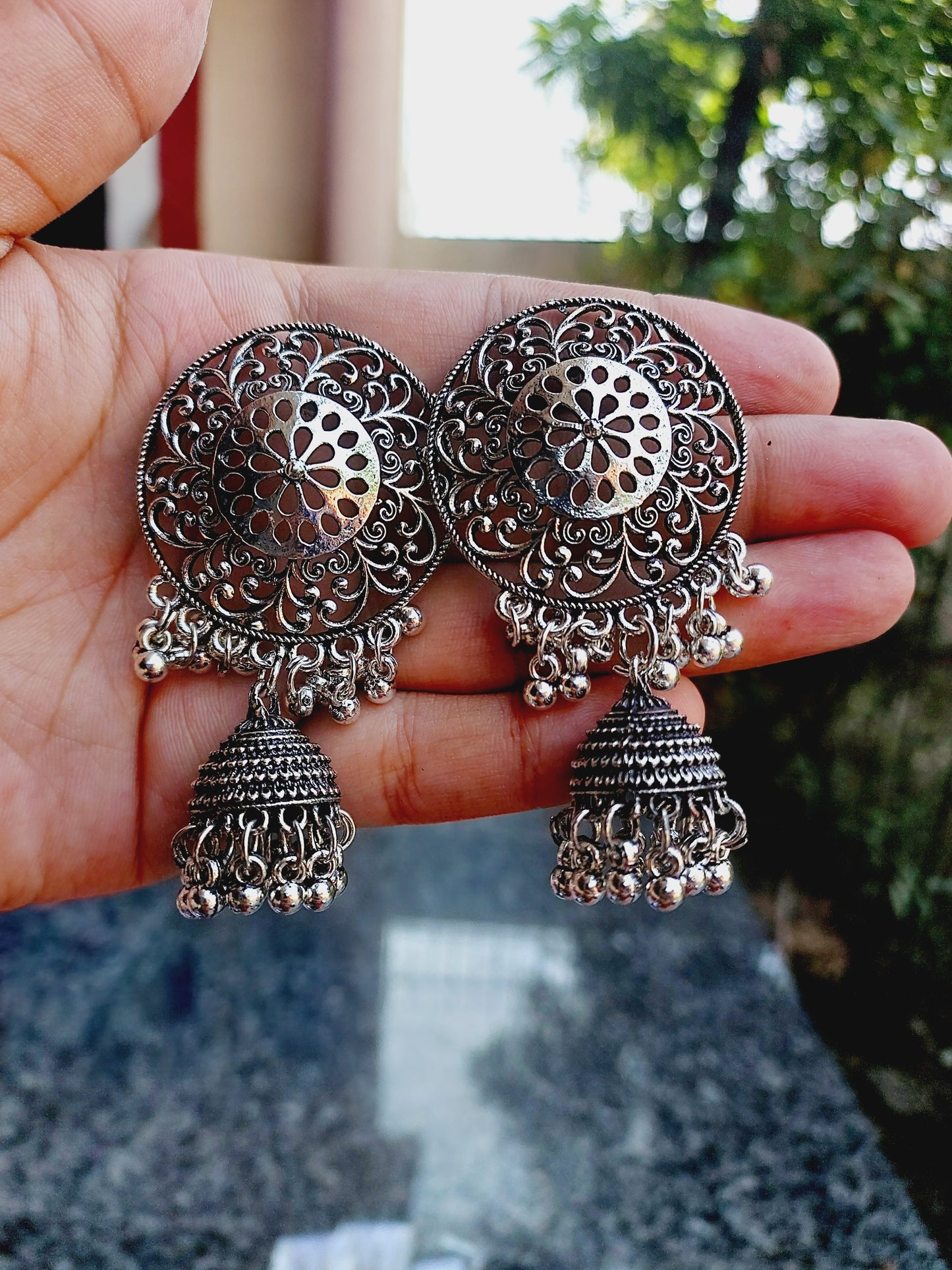 Ornafy Statement Circle Jhumka Earrings - Embrace the Oxidized Style