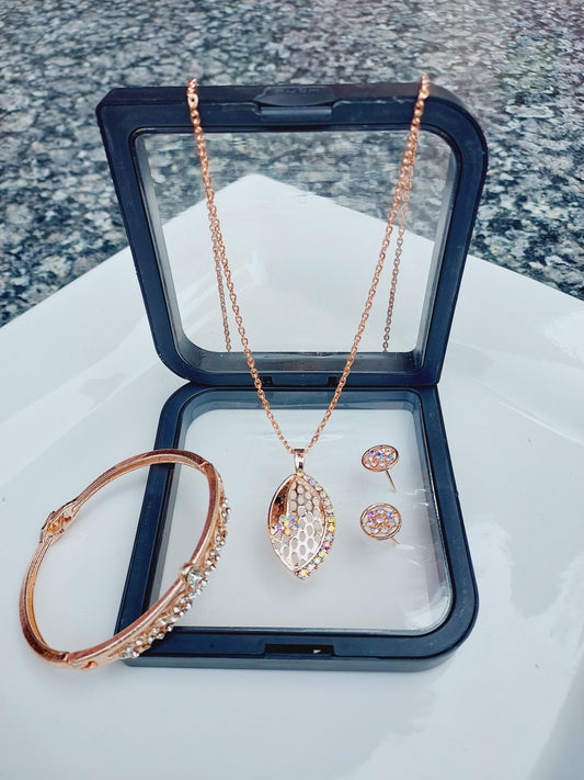 Ornafy Rose Gold Leaf-Shaped Pendant Set with Colorful Studs, Bracelet & Earrings