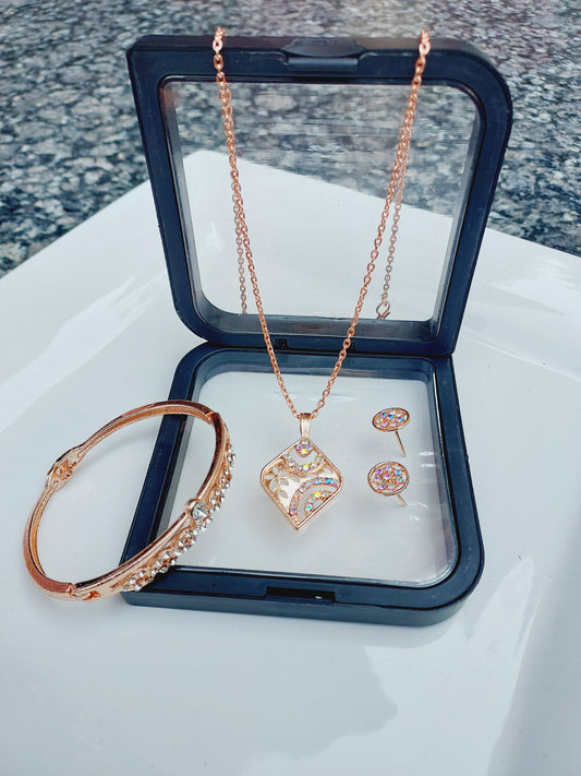 Ornafy Unique Rose Gold Kite Pendant Set with Bright Colorful Studs & Bracelet