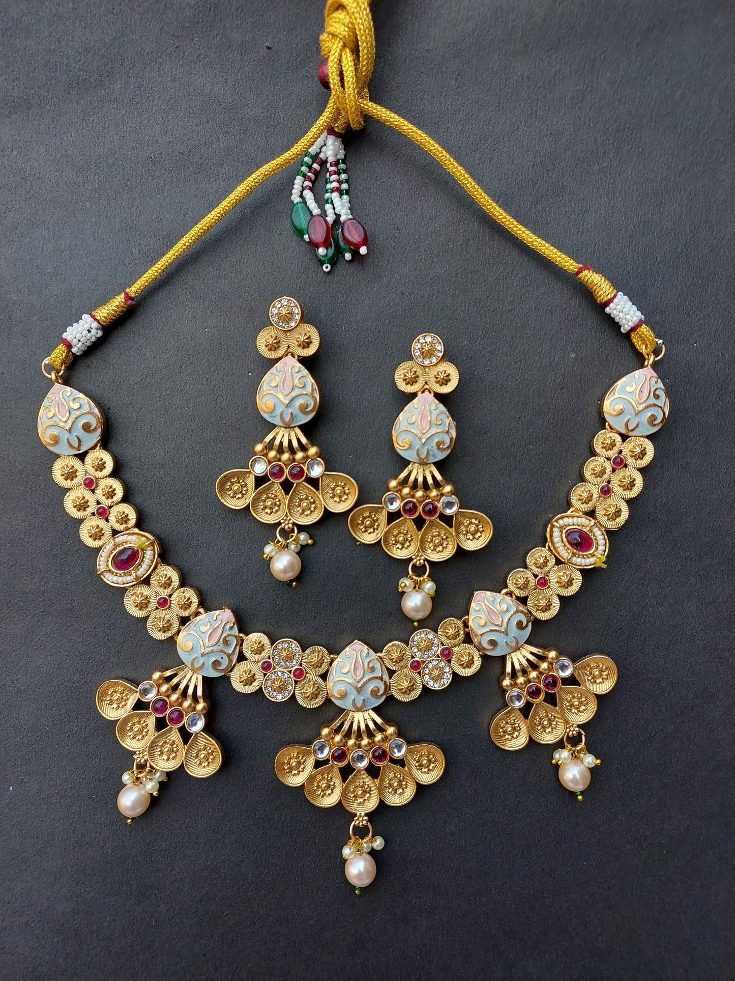 Ornafy Stunning Heavy Kundan Necklace Set in Vibrant Color