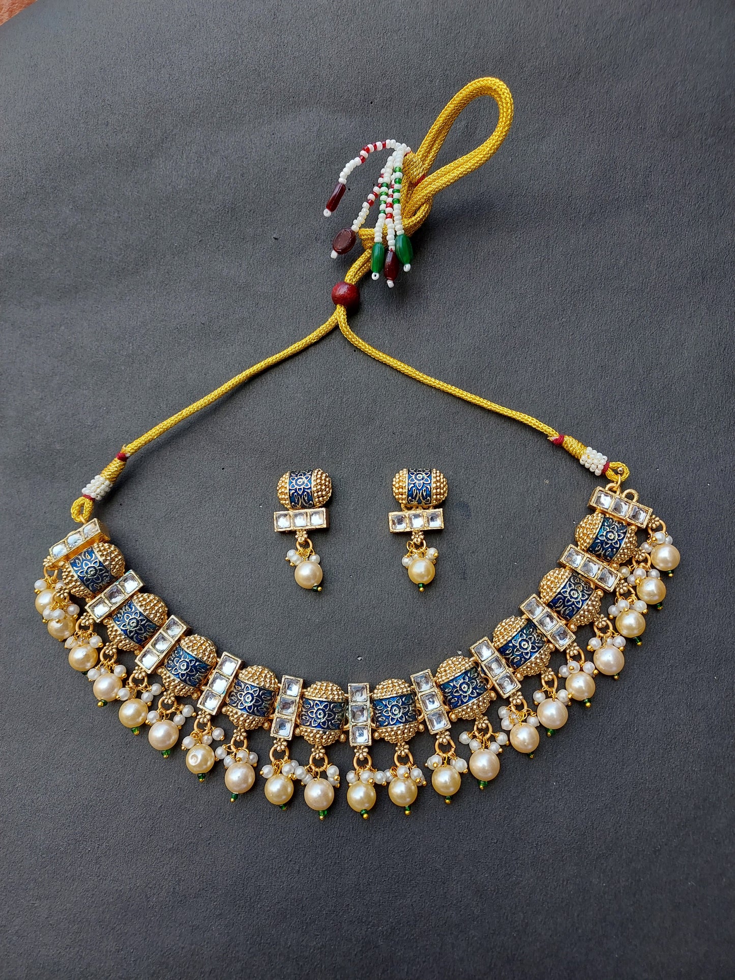 Ornafy Captivating Meenakari Blue Necklace with Beautiful Hanging Pearls