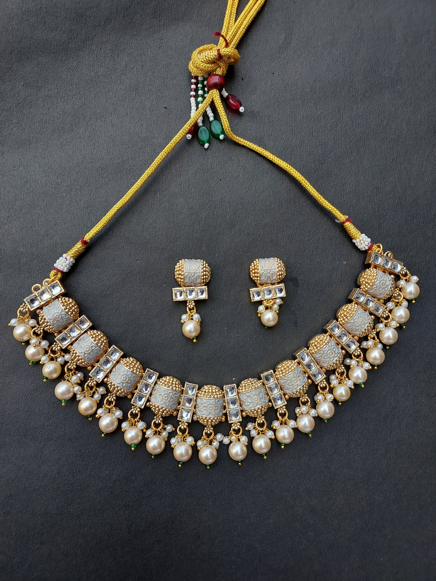 Ornafy Captivating Meenakari Blue Necklace with Beautiful Hanging Pearls