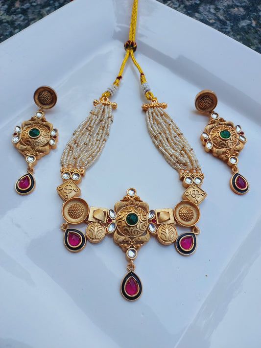 Ornafy Kundan Necklace Set with Pearl Chain and Colorful Accents