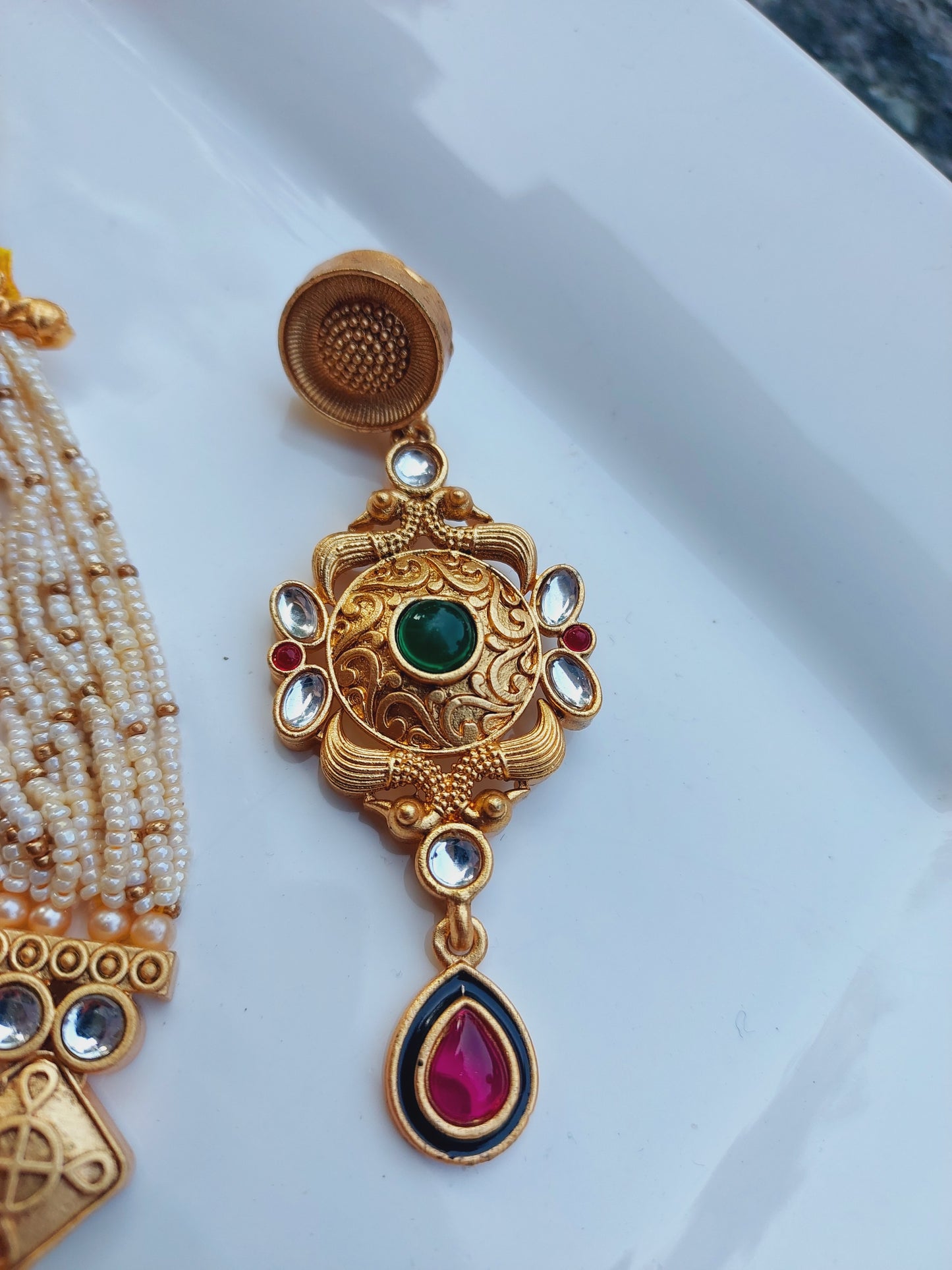 Ornafy Kundan Necklace Set with Pearl Chain and Colorful Accents