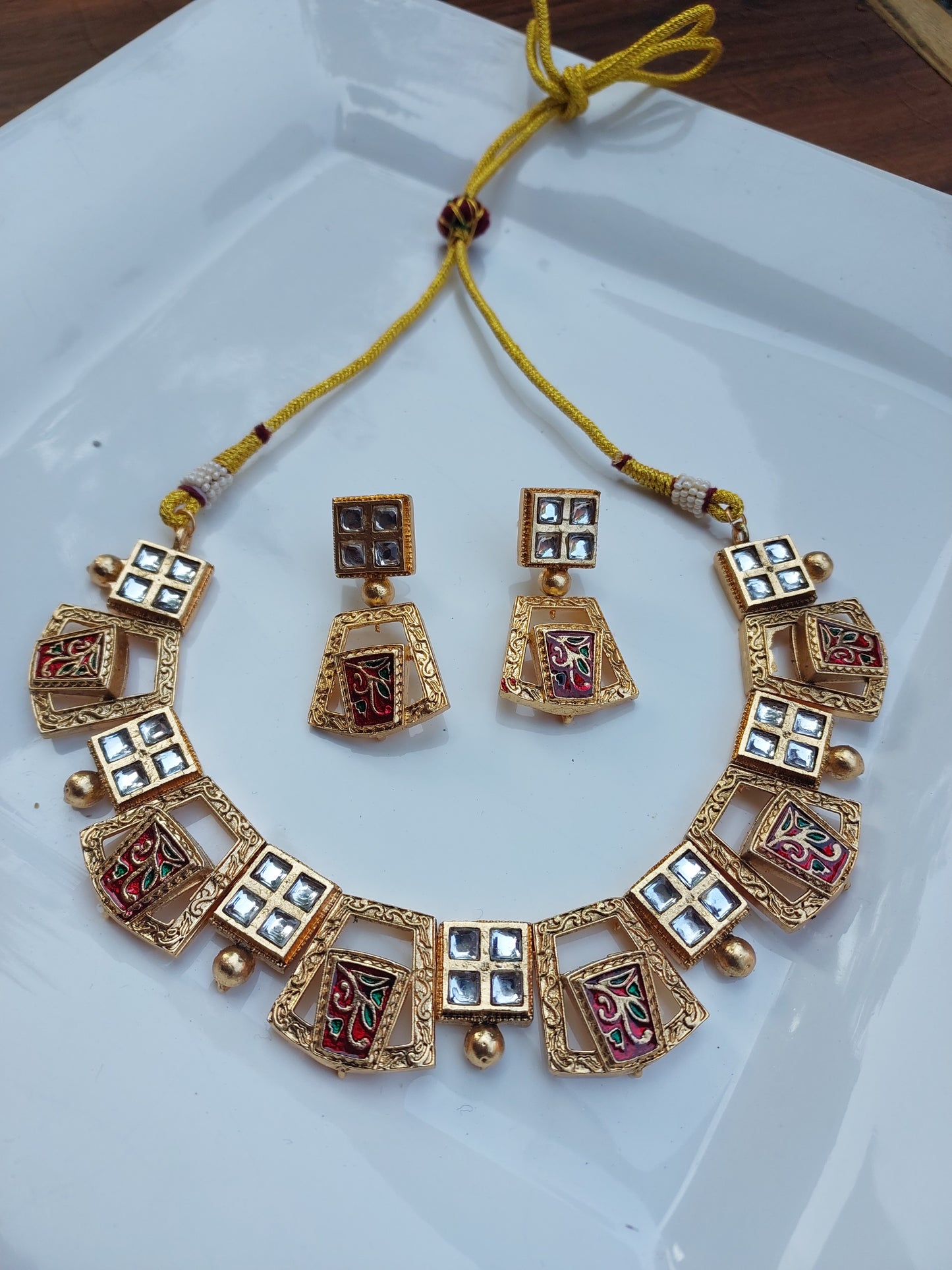 Ornafy Gold-Plated Necklace Set with Bold Meenakari Stones