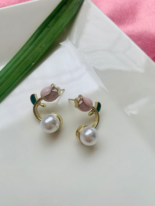 Ornafy Pink Flower Pearl Drop Earrings