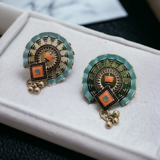 Ornafy Antique Silver Plated Dual Colored Enamel Artwork Fashion Earring