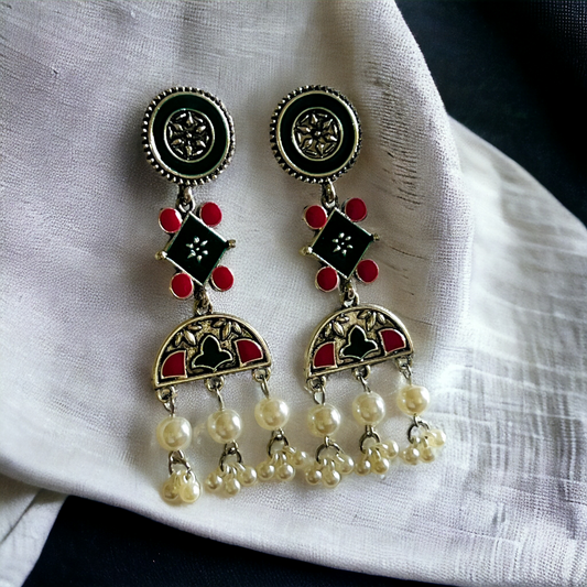 Ornafy Silver Plated Geometric Shaped Enamel Artwork With Pearl Fashion Antique Earring