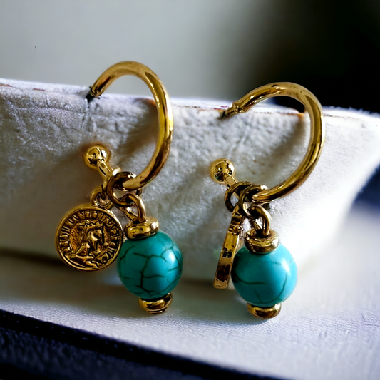 Ornafy Gold Plated Open Circle Shaped With Hanging Small Coin And Beads Western Drop Earring