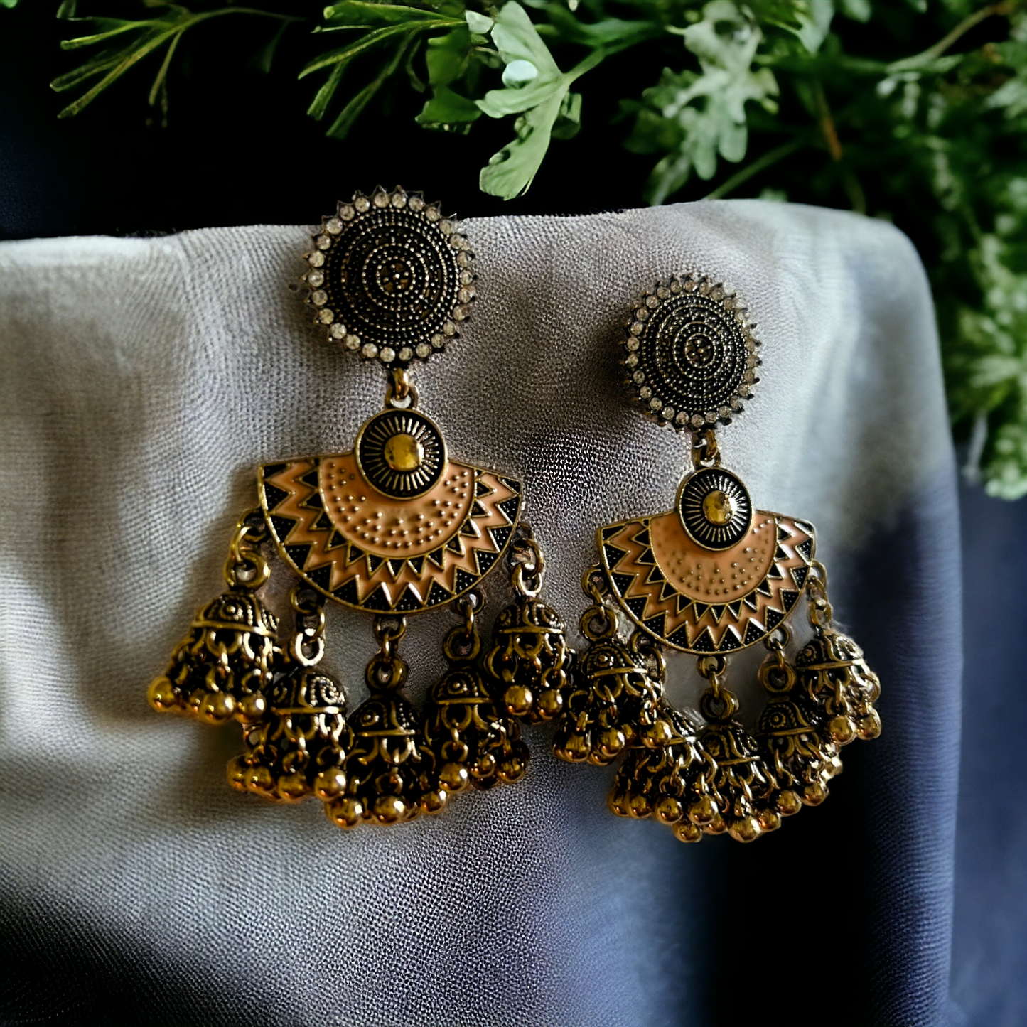 Ornafy Gold Plated Floral Designed Stone And Enamel Artwork Antique Jhumka Earring