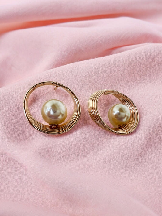 Ornafy Spiral Rose Gold Earrings with Single Pearl