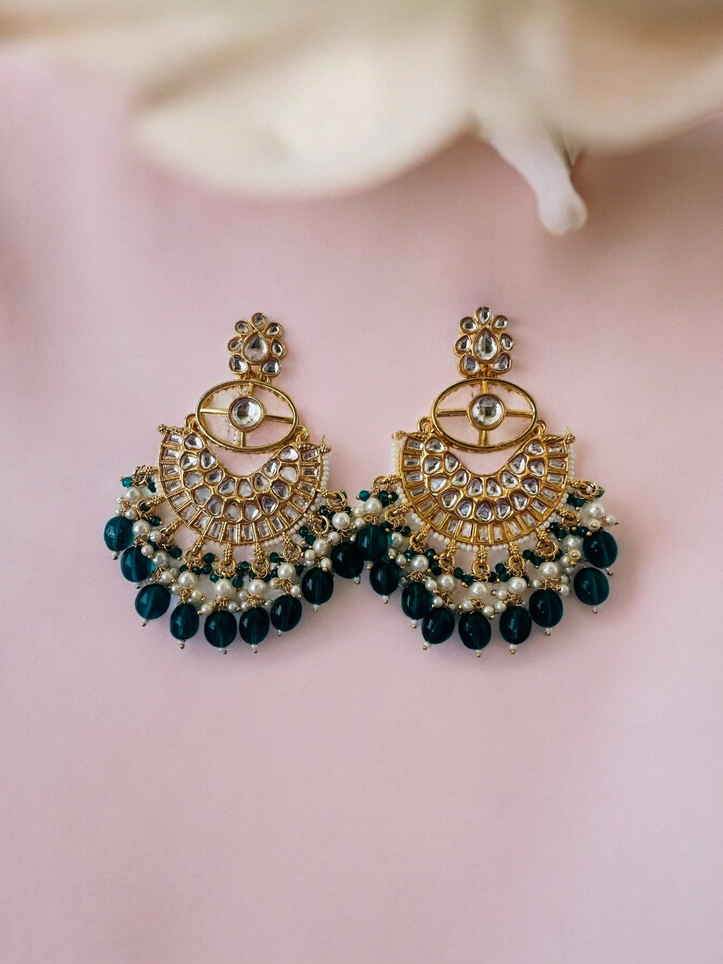 Ornafy Green Kundan and Pearl Ethnic Earring