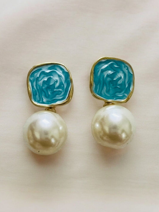 Ornafy Hanging Pearl Earrings with Cyan Accents