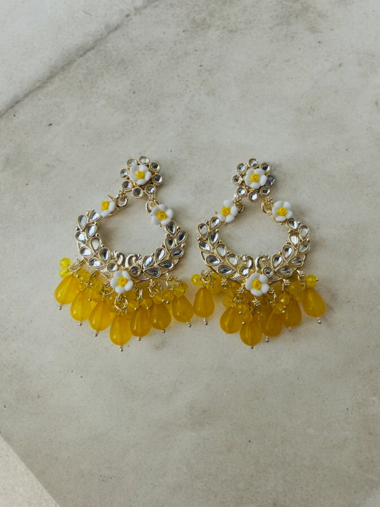 Ornafy Yellow Bliss Pearls and Diamonds with Floral Details Earring