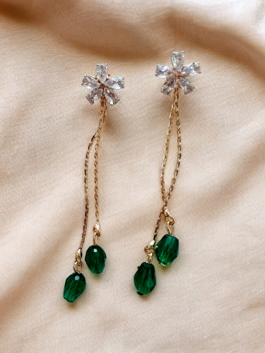 Ornafy Golden Diamond Earrings with Cascading Chain and Black/Green Beads