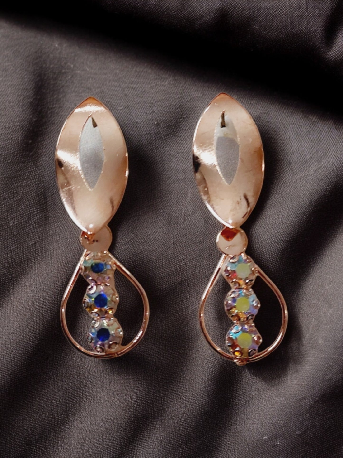 Ornafy Rose Gold Leaf Earrings with Hanging Stones