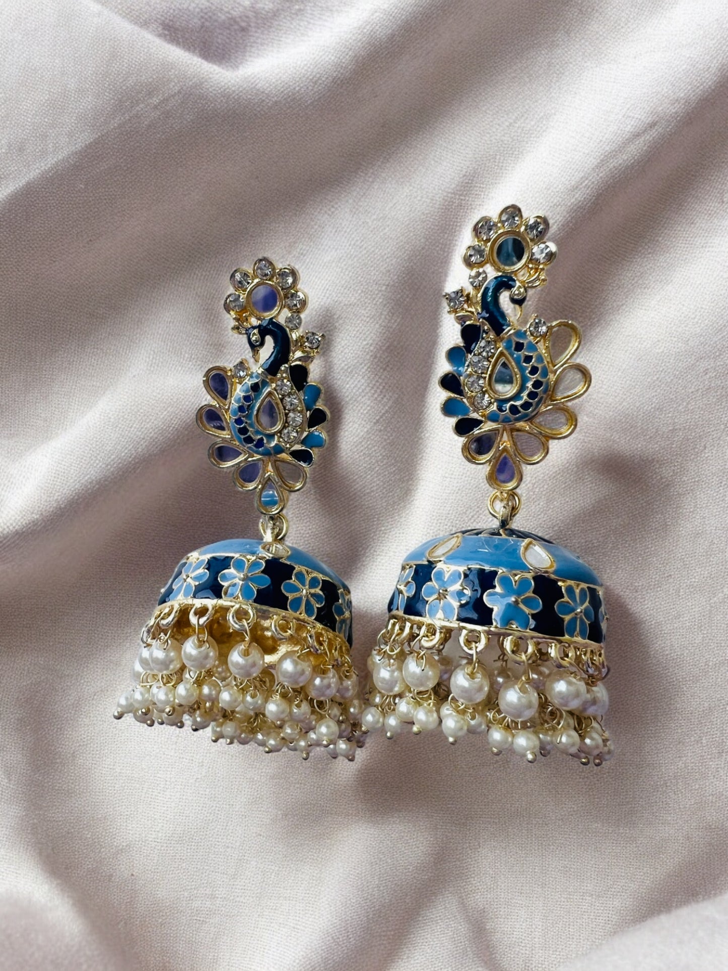 Ornafy Exquisite Mirror Work Jhumkas with Hanging Pearls