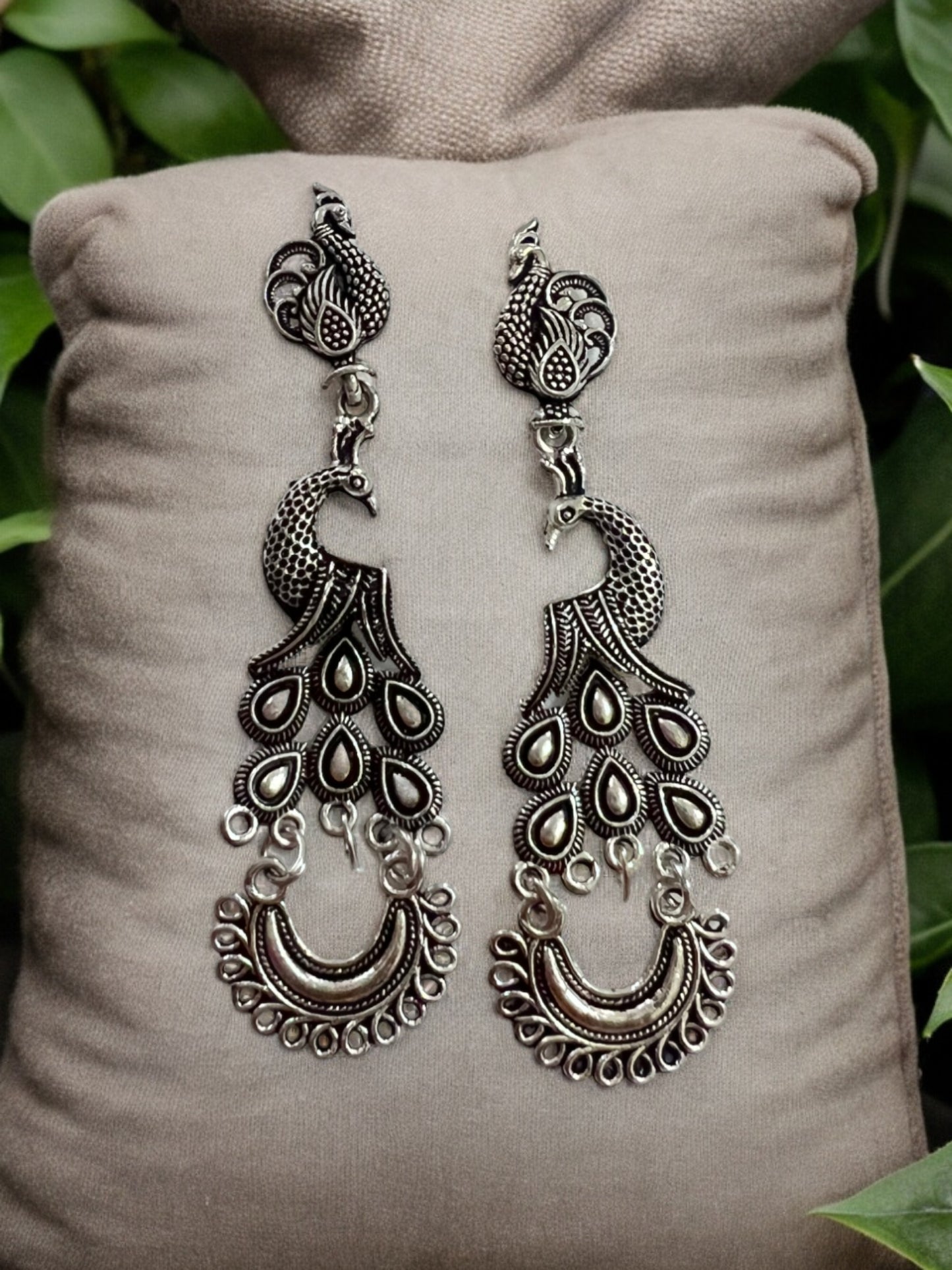 Ornafy Hanging Oxidized Peacock Earrings with Pearl