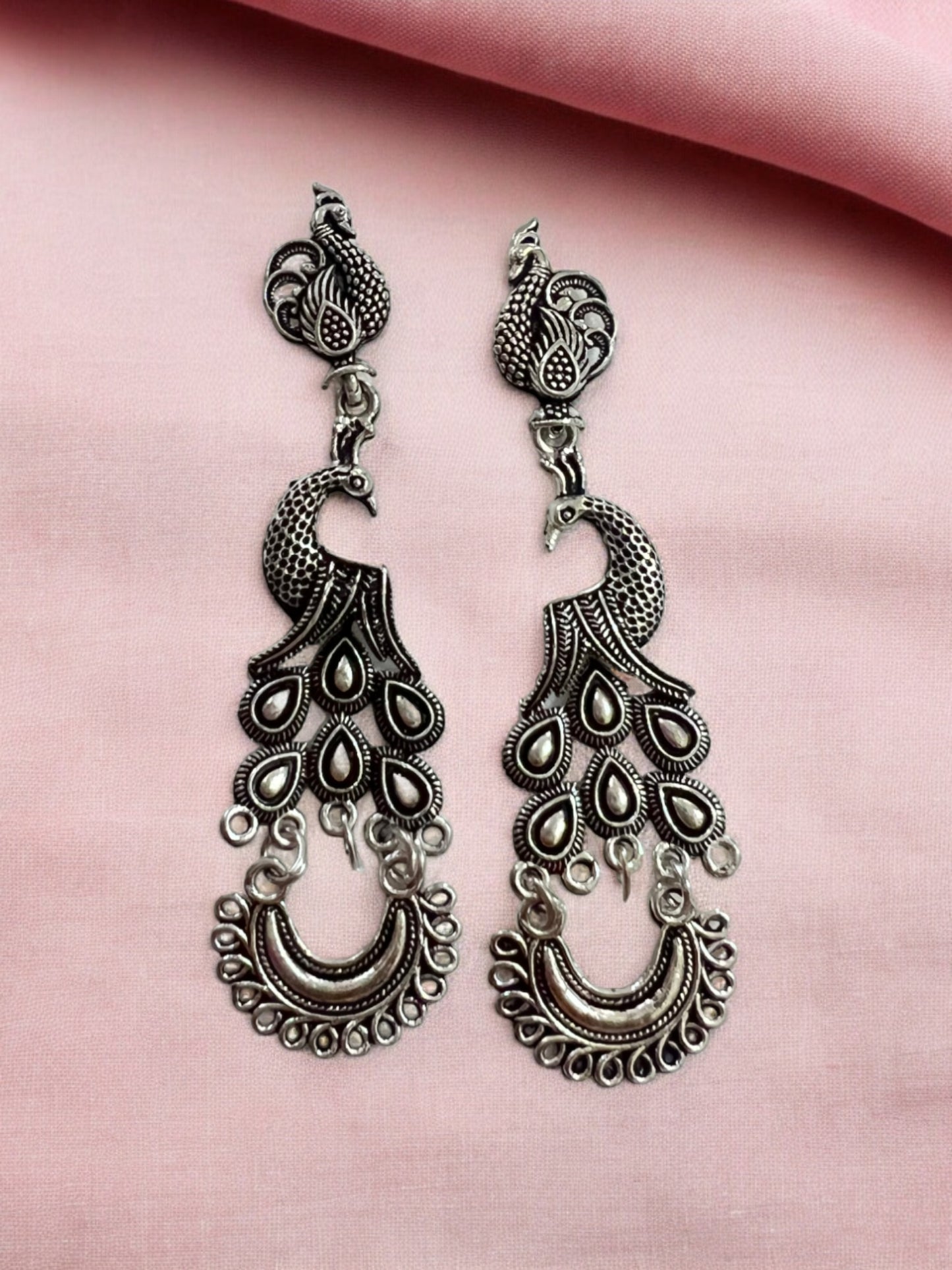 Ornafy Hanging Oxidized Peacock Earrings with Pearl