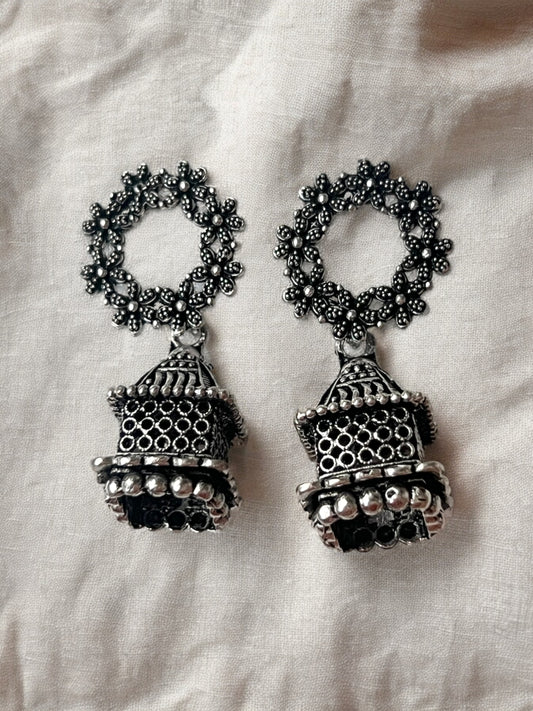 Ornafy Oxidized Jhumka Earrings with Hanging Temple Design