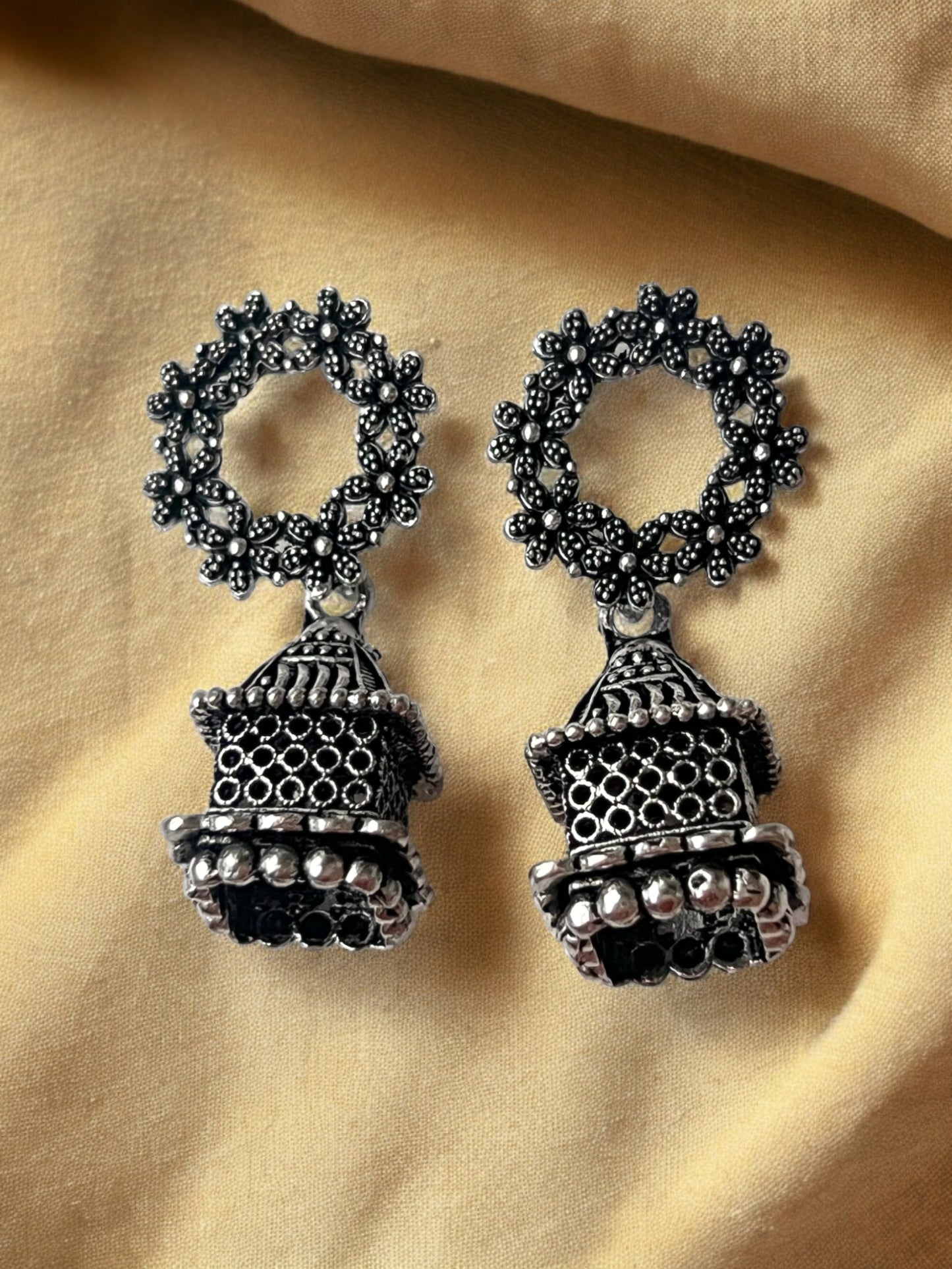 Ornafy Oxidized Jhumka Earrings with Hanging Temple Design