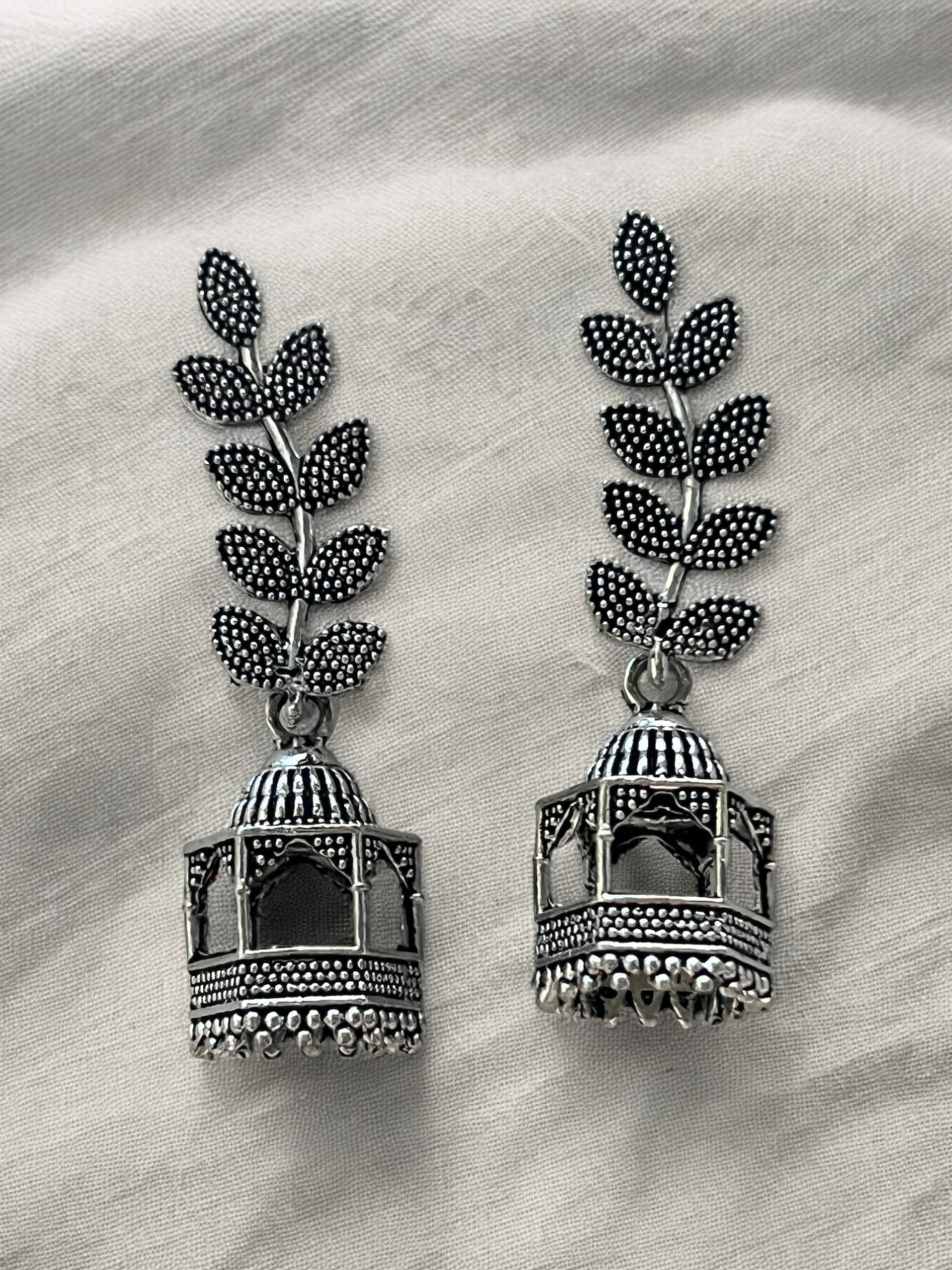 Ornafy Oxidized Earrings with Leaf and Temple Design