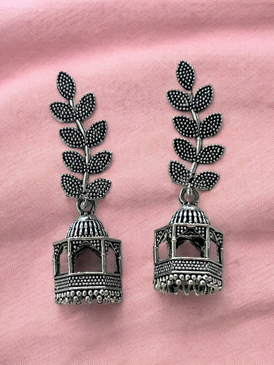 Ornafy Oxidized Earrings with Leaf and Temple Design