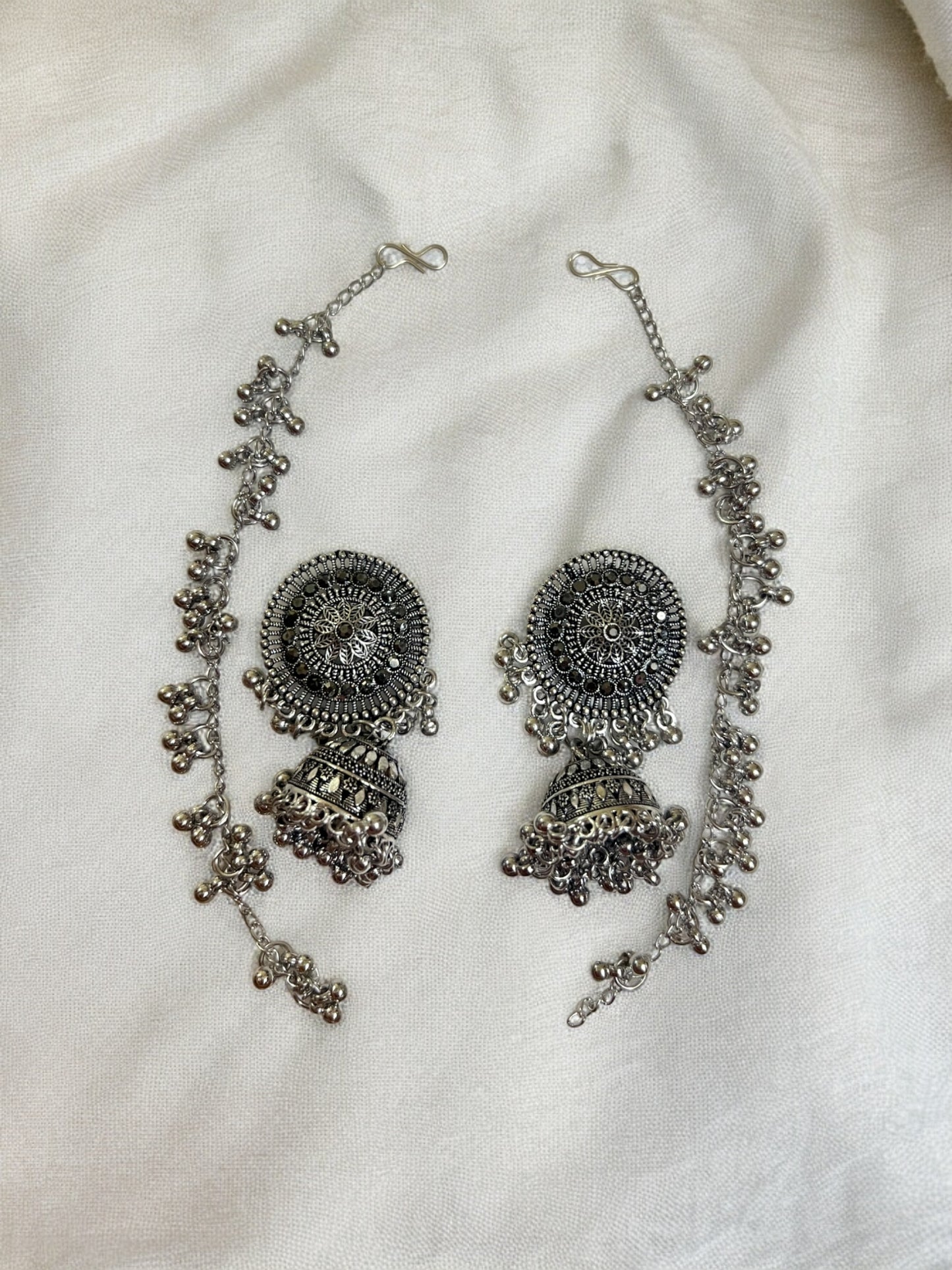 Ornafy Oxidized Jhumka Earrings with Side Hooks