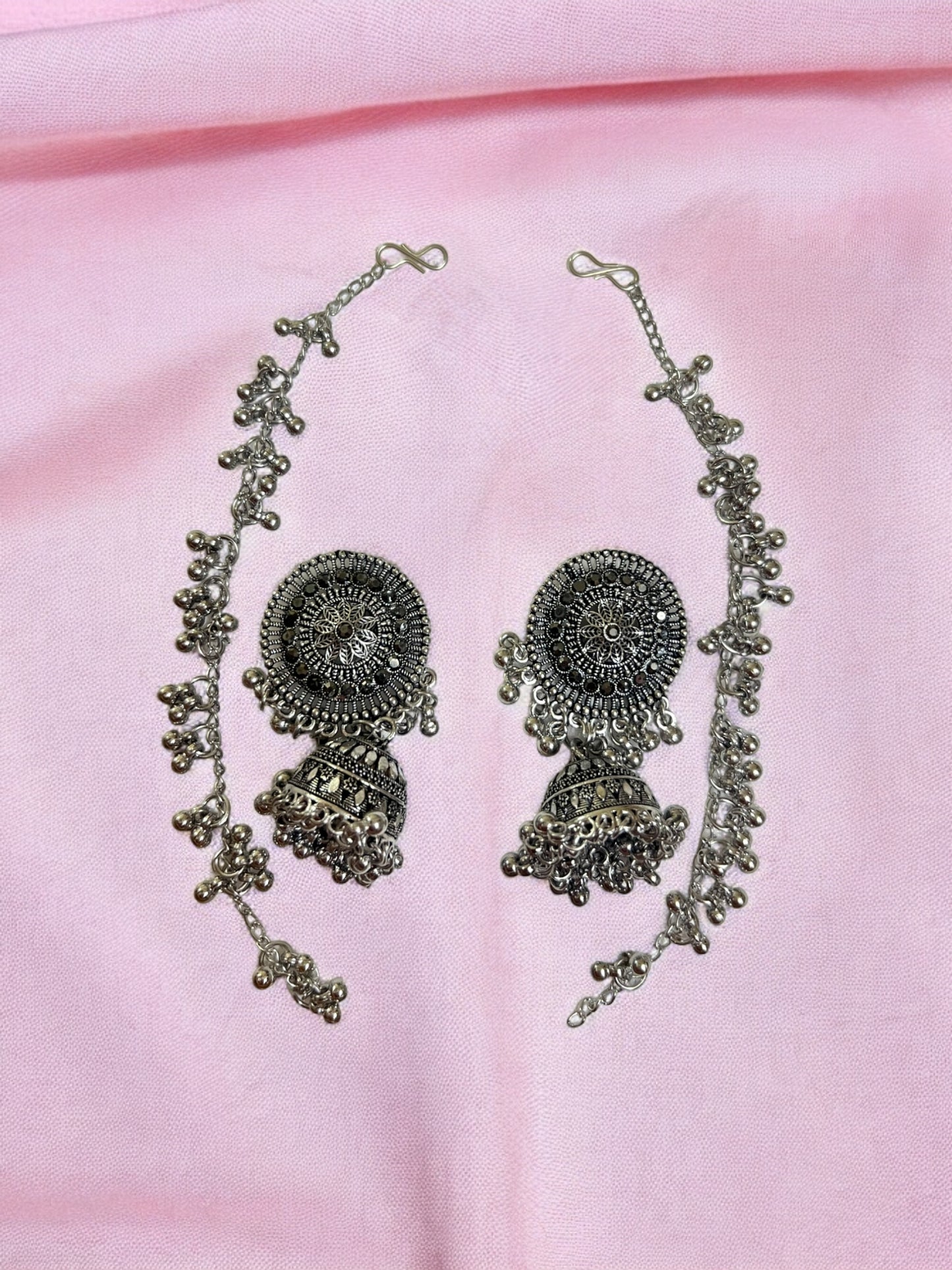 Ornafy Oxidized Jhumka Earrings with Side Hooks