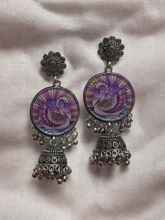 Ornafy Oxidized Jhumka Earrings with Purple Swan Design