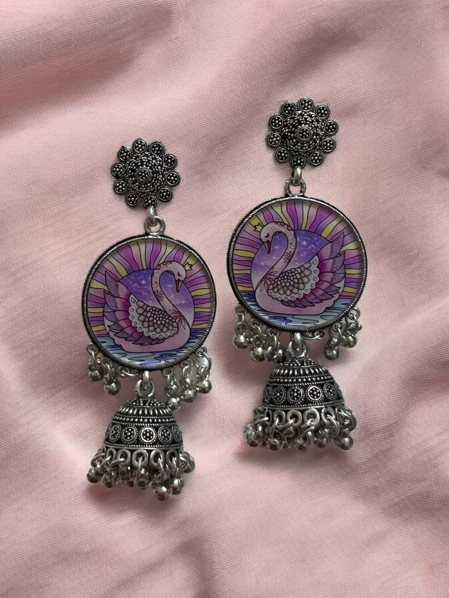 Ornafy Oxidized Jhumka Earrings with Purple Swan Design