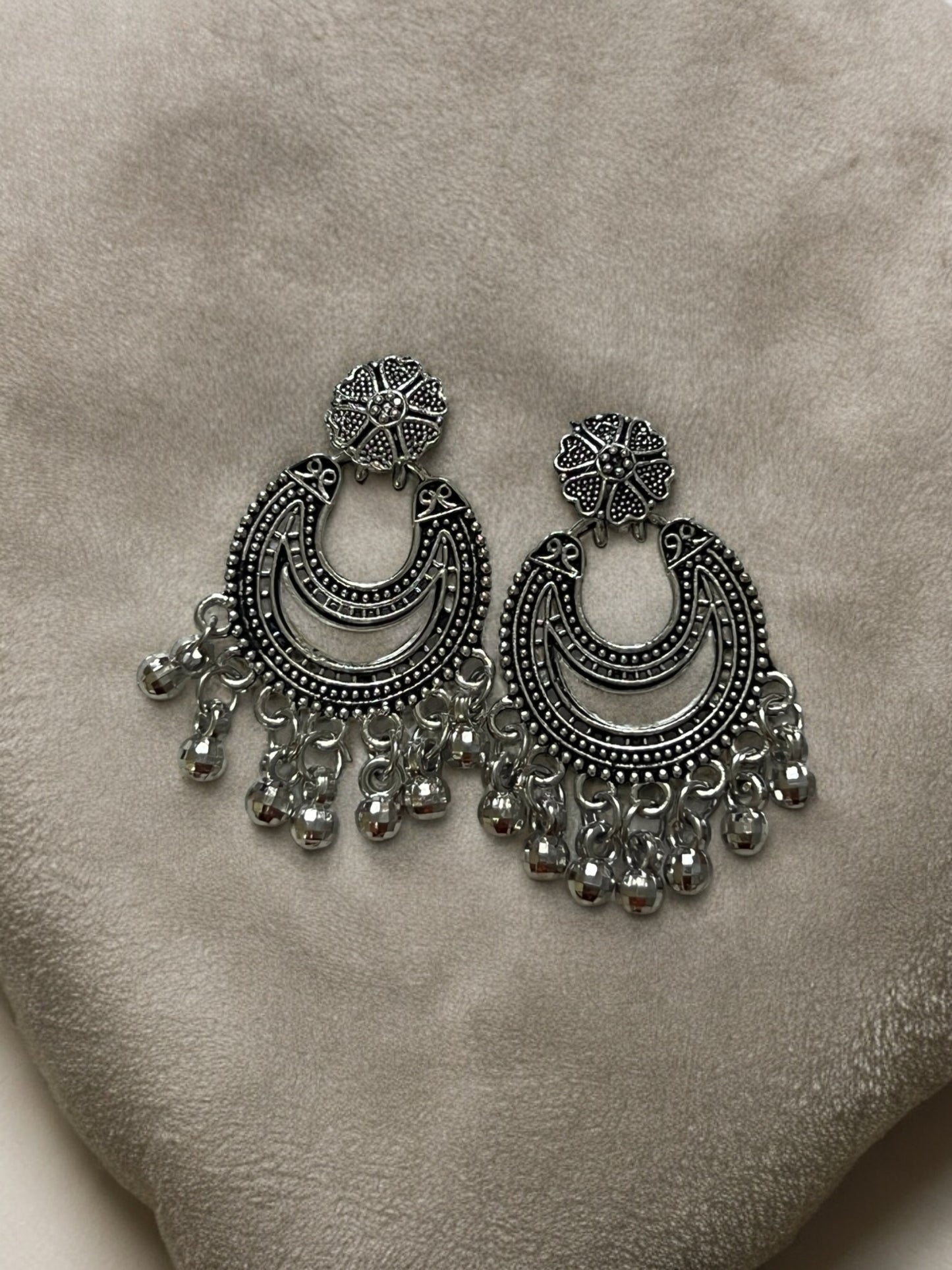 Ornafy Oxidized Earrings with Hanging and Mirror Work