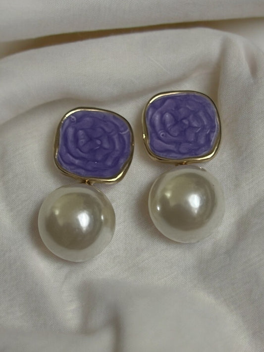 Ornafy Hanging Pearl Earrings with Purple Accents