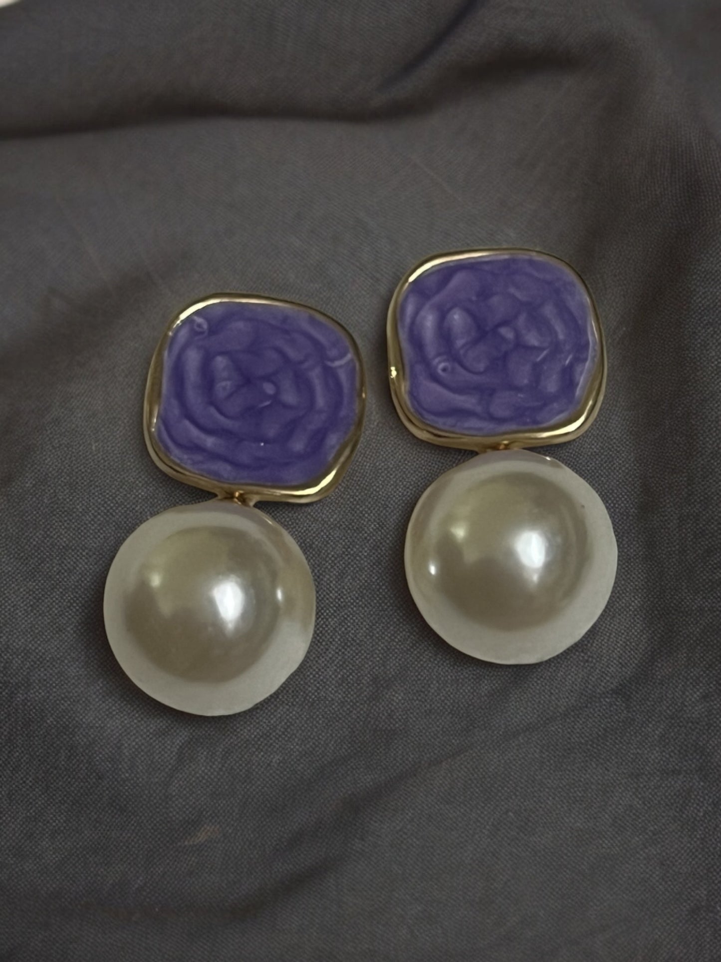 Ornafy Hanging Pearl Earrings with Purple Accents