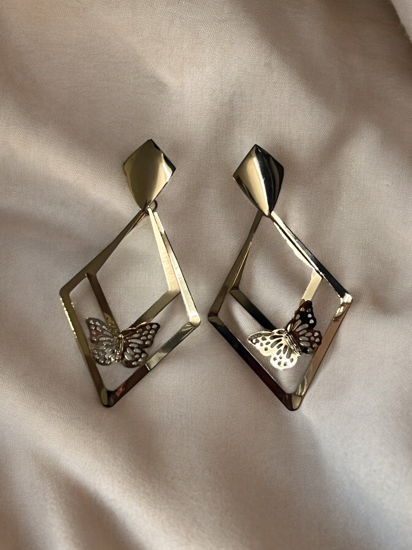 Ornafy Presents Golden Earrings with Triangle-Shaped Hanging and Butterfly Accent