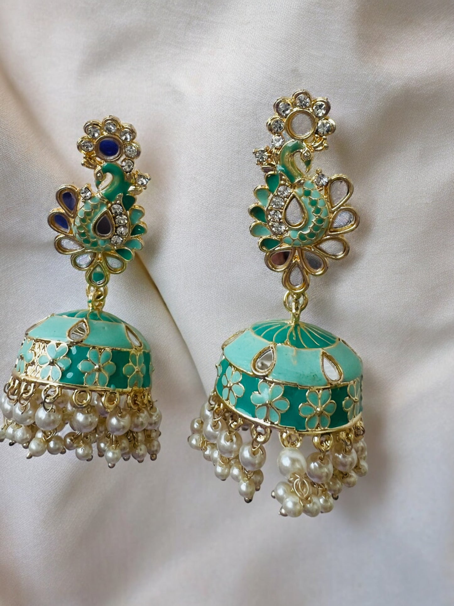 Ornafy Exquisite Mirror Work Jhumkas with Hanging Pearls