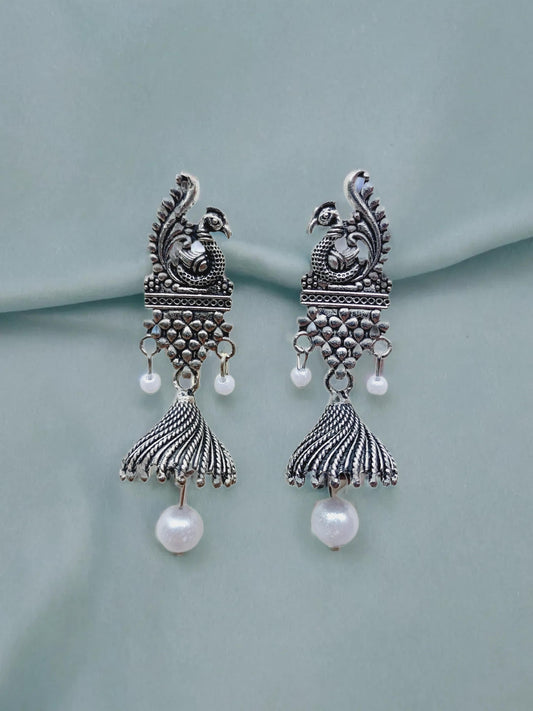 Ornafy Regal Peacock Oxidized Earrings with Pearl Drops